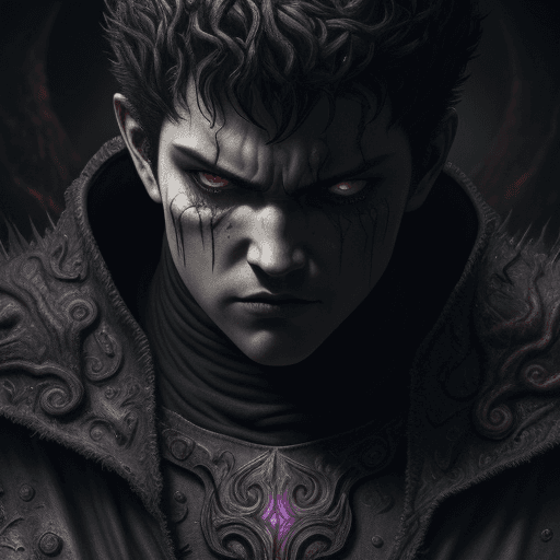 AI generated: Guts, from Berserk series, warlock, evil look, thoughtful look, atmosphere of darkness and horror, d...