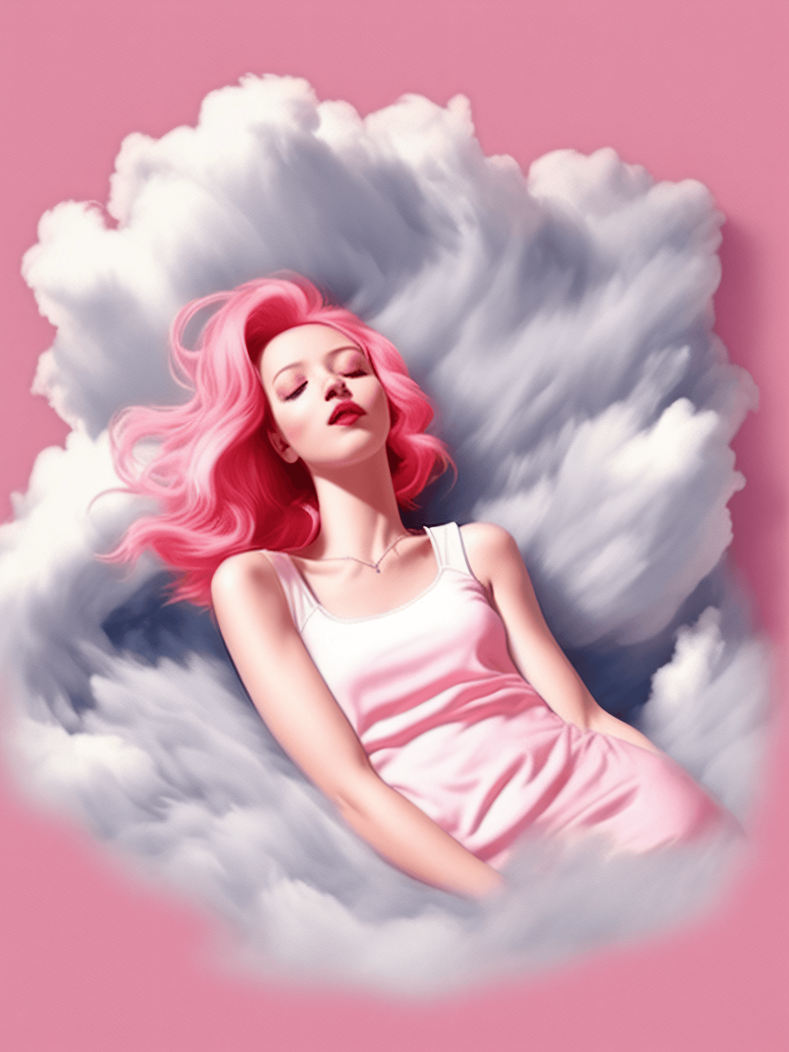 AI generated: PinkAngel style, a woman with pink hair laying on top of a cloud