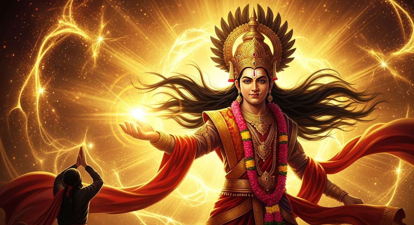 AI generated: A digital artwork depicting a Hindu deity in an ornate golden crown with feather-like decorations, w...