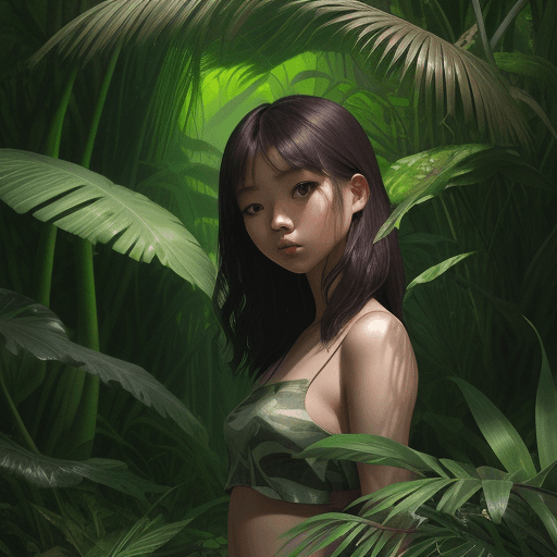 AI generated: a girl posing outdoors in lush jungle, in the style of soft, hazy brushstrokes, chinapunk, colorful ...