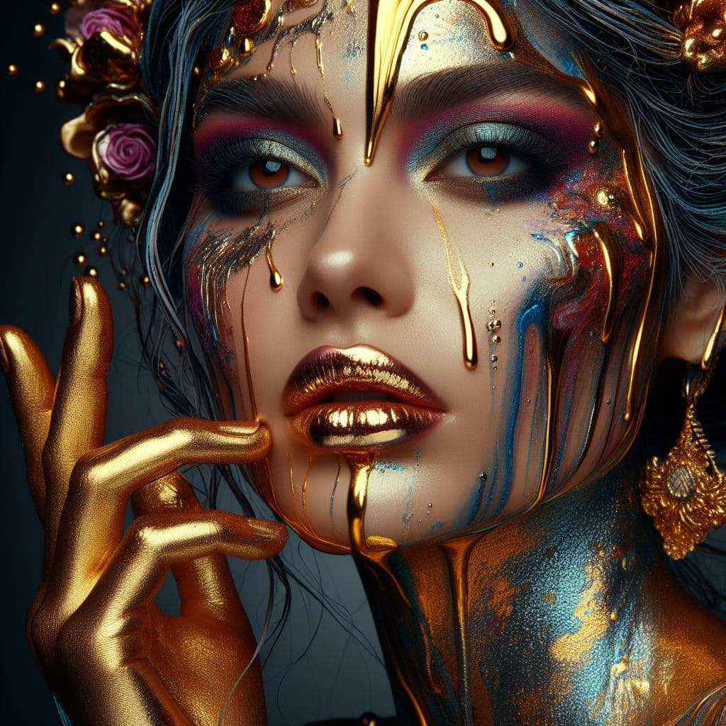 AI generated: A woman with liquid mercury and a liquid gold on her face, hyper-realistic details, mix of colors