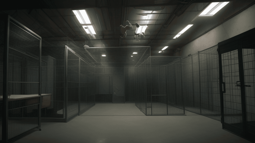 AI generated: A secret laboratory with cages with animals
