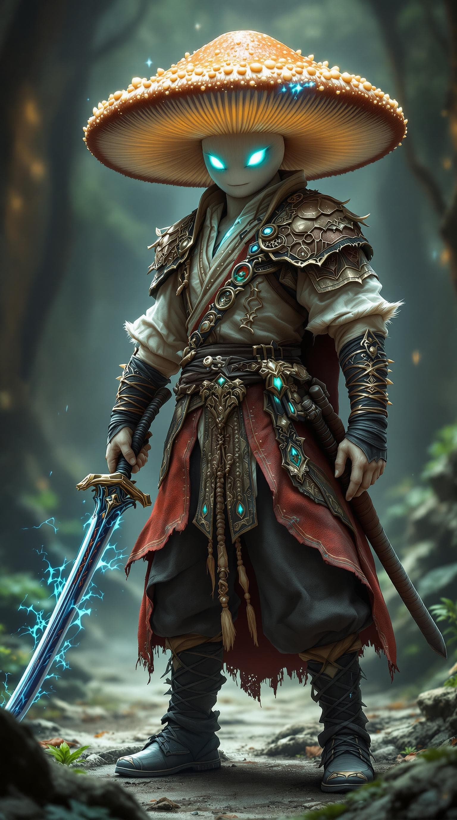 AI generated: a full body photo shot of a beautiful and breathtaking image of a ((mushroom)) warrior wearing a ful...