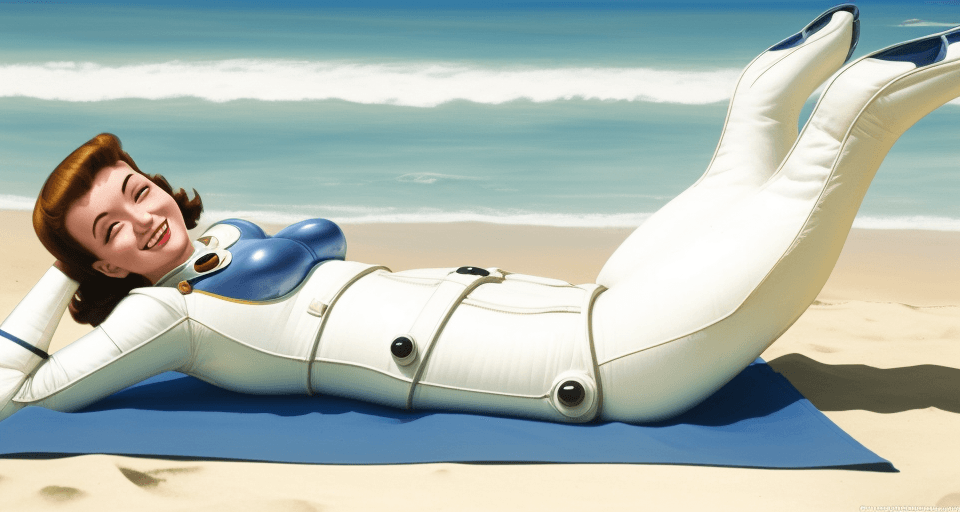 AI generated: woman, smiling, sunbathing at the beach, laying on side, wearing 1950s style space suit,  full body ...