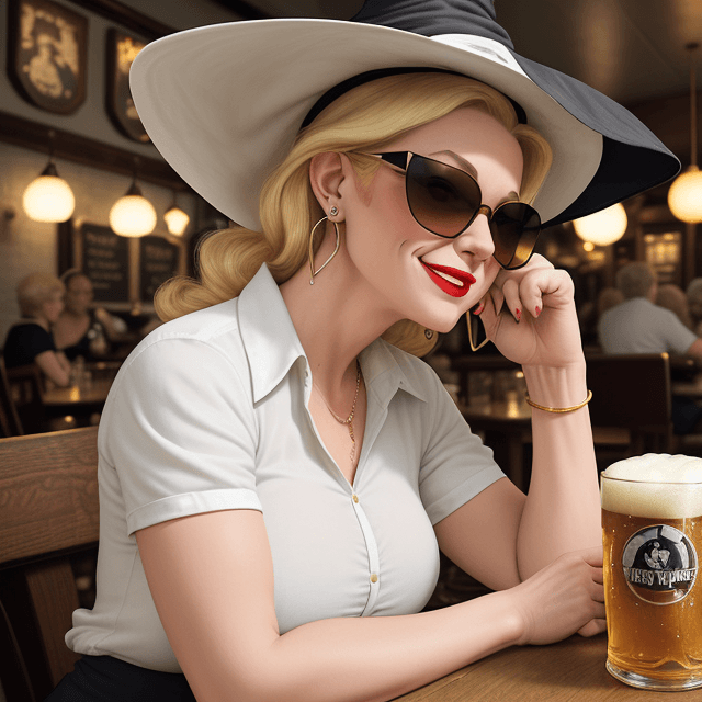 AI generated: (1 woman, upper body, bombshell, pin-up style, three-quarters profile), (blonde, wearing sunglasses,...