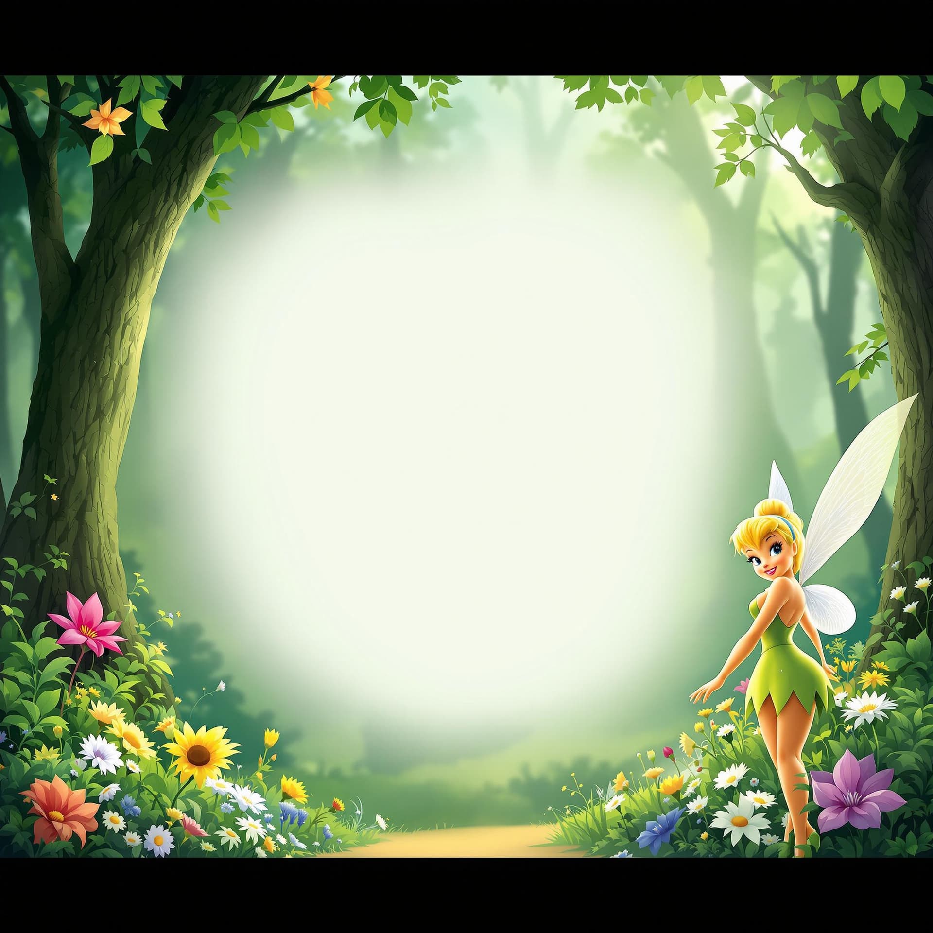 AI generated: birthday invitation, whatsapp format, tinkerbell theme, forest background with flowers, green, tinke...