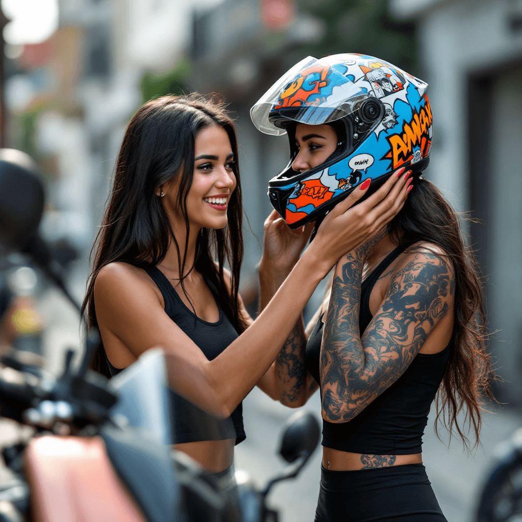 AI generated: Two young women are interacting as one adjusts a brightly designed motorcycle helmet on the other. T...