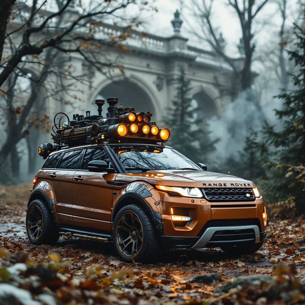 AI generated: Steampunk tarzında en son model kırmızı Range Rover evoque marka genel taslağı, parlayan farlar, yük...