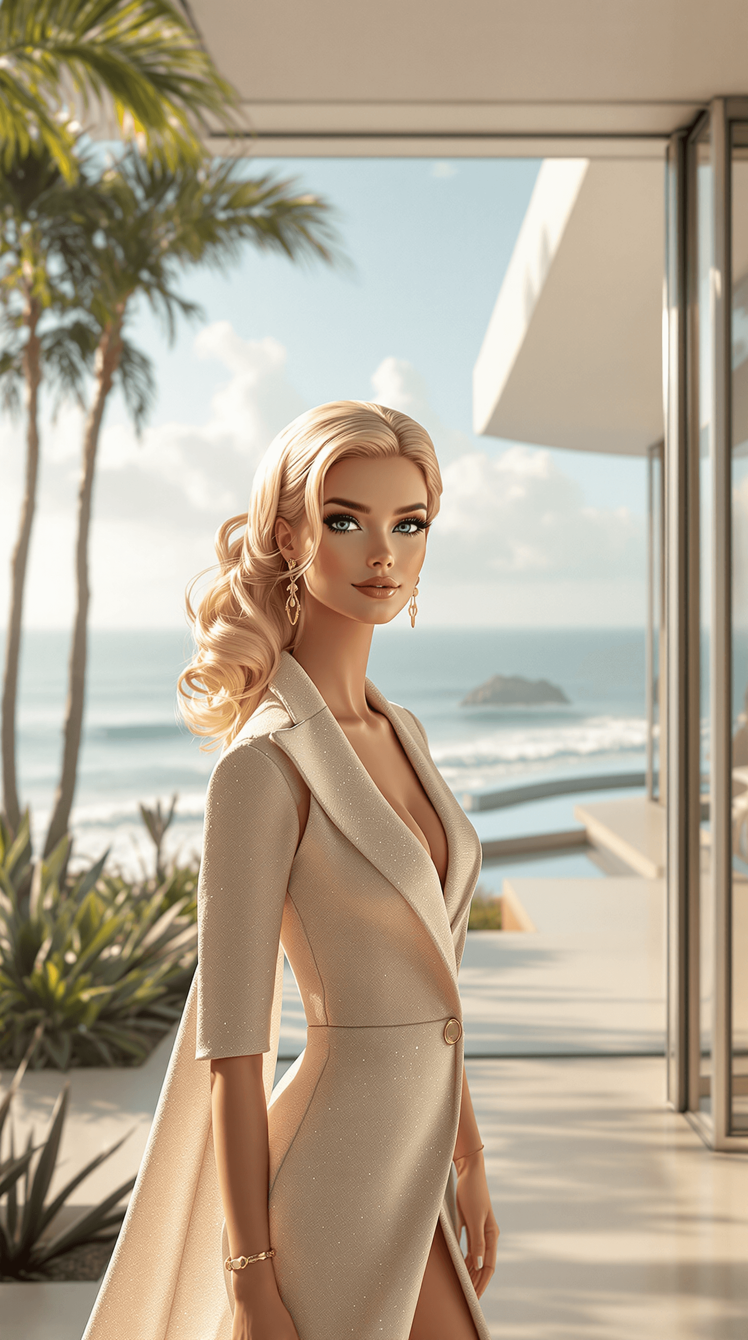 AI generated: A stunning, hyper-realistic portrait of Barbie in an eye-level, exterior setting. She stands gracefu...