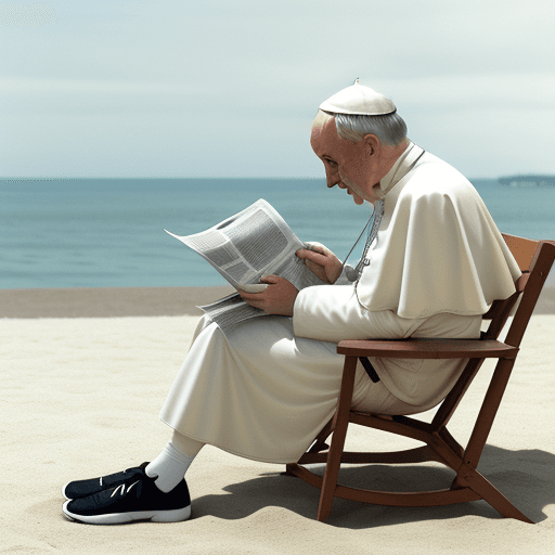 AI generated: full shot of pope francis reading newspaper, on the beach, with nike fashion shoes, natural afternoo...