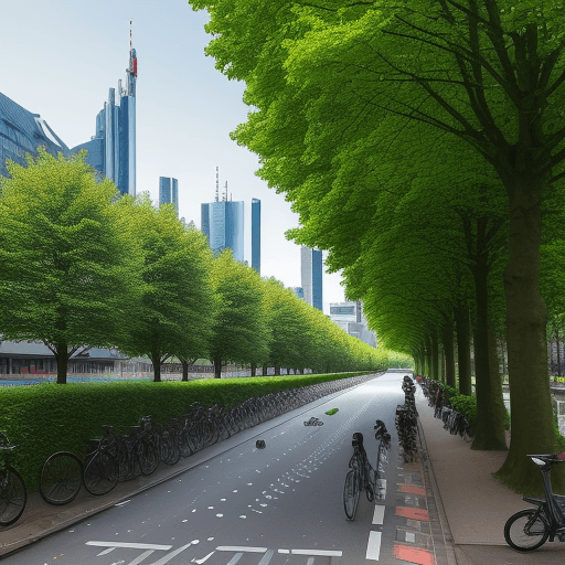 AI generated: Realistic Frankfurt City Skyline. Bicycle lane with green trees and many bicyclesdrivers.