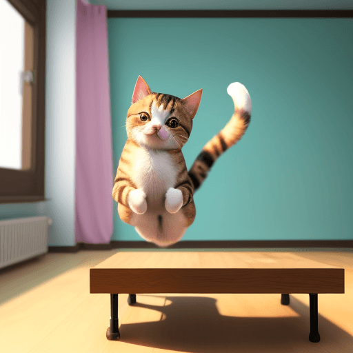 AI generated: cute little cushi cat, full of colors, jumping on a table