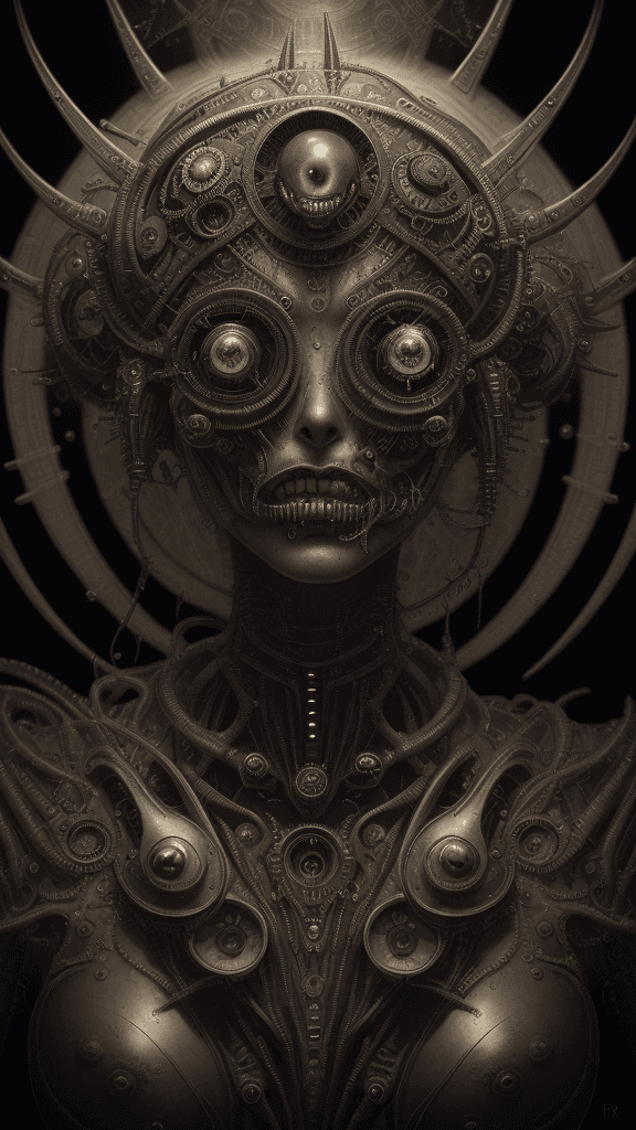 AI generated: "Steampunk Alien RFKTR-style headshot, a masterwork by H.R. Giger, invoking a profound sense of wond...