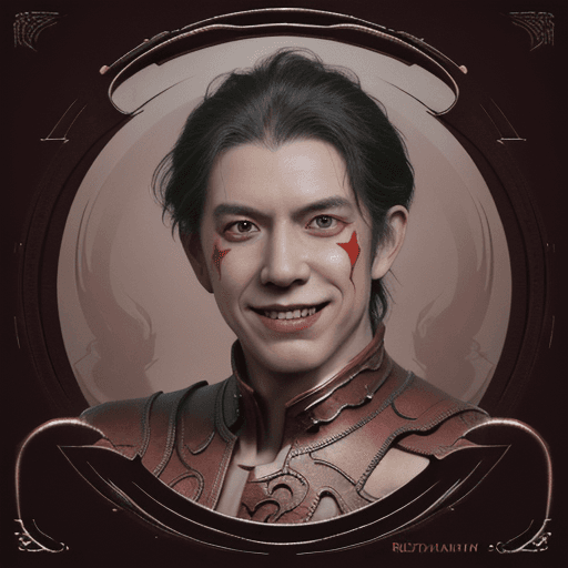 AI generated:  An red dragon  man dressed in a  costume, smiled, symmetrical facial features, front game card, Dra...
