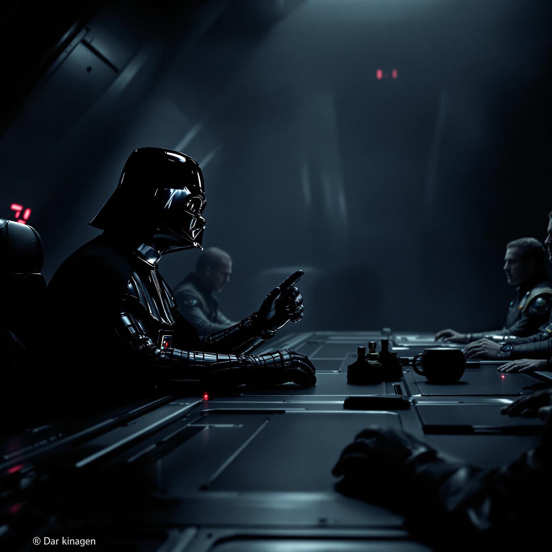 AI generated: "In a shadowy, dimly lit conference room aboard the Death Star, Darth Vader sits at the end of a lon...
