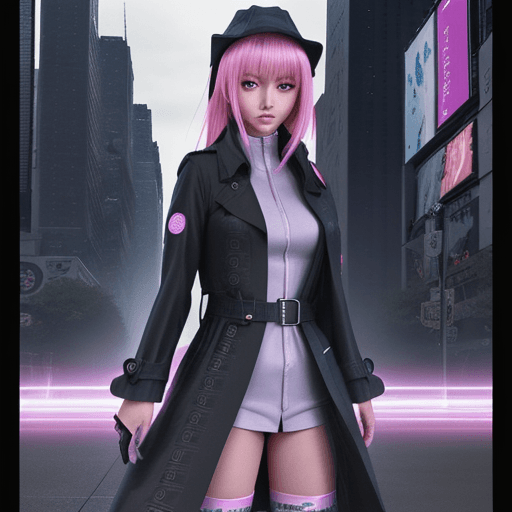 AI generated: Hyper detailed Anime digital painting of a girl in trenchcoat pulls a digital techno-blade with self...