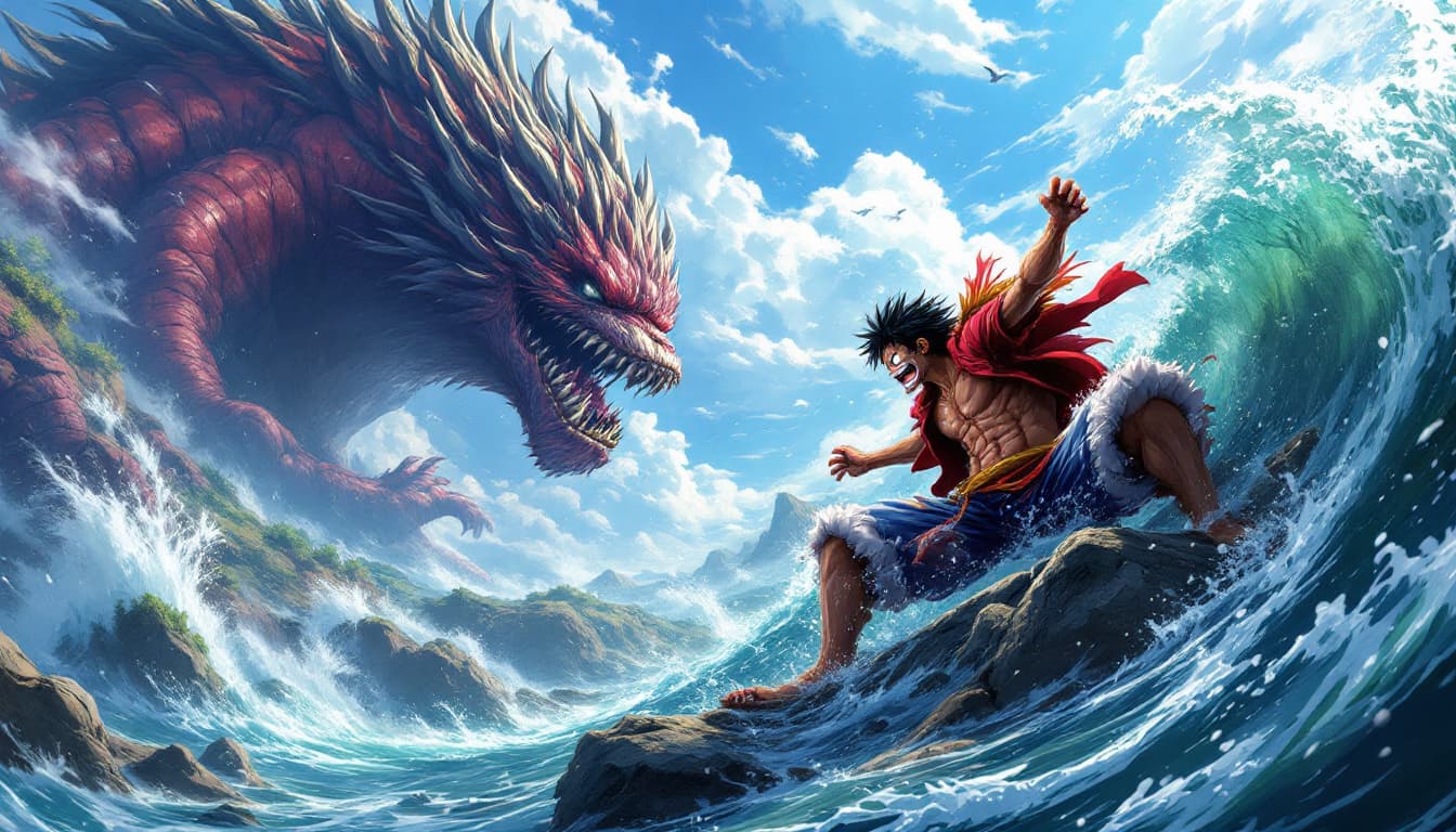 AI generated: Viral anime nature wallpaper in 4K quality, in the style of illustration of monkey d luffy in his ge...