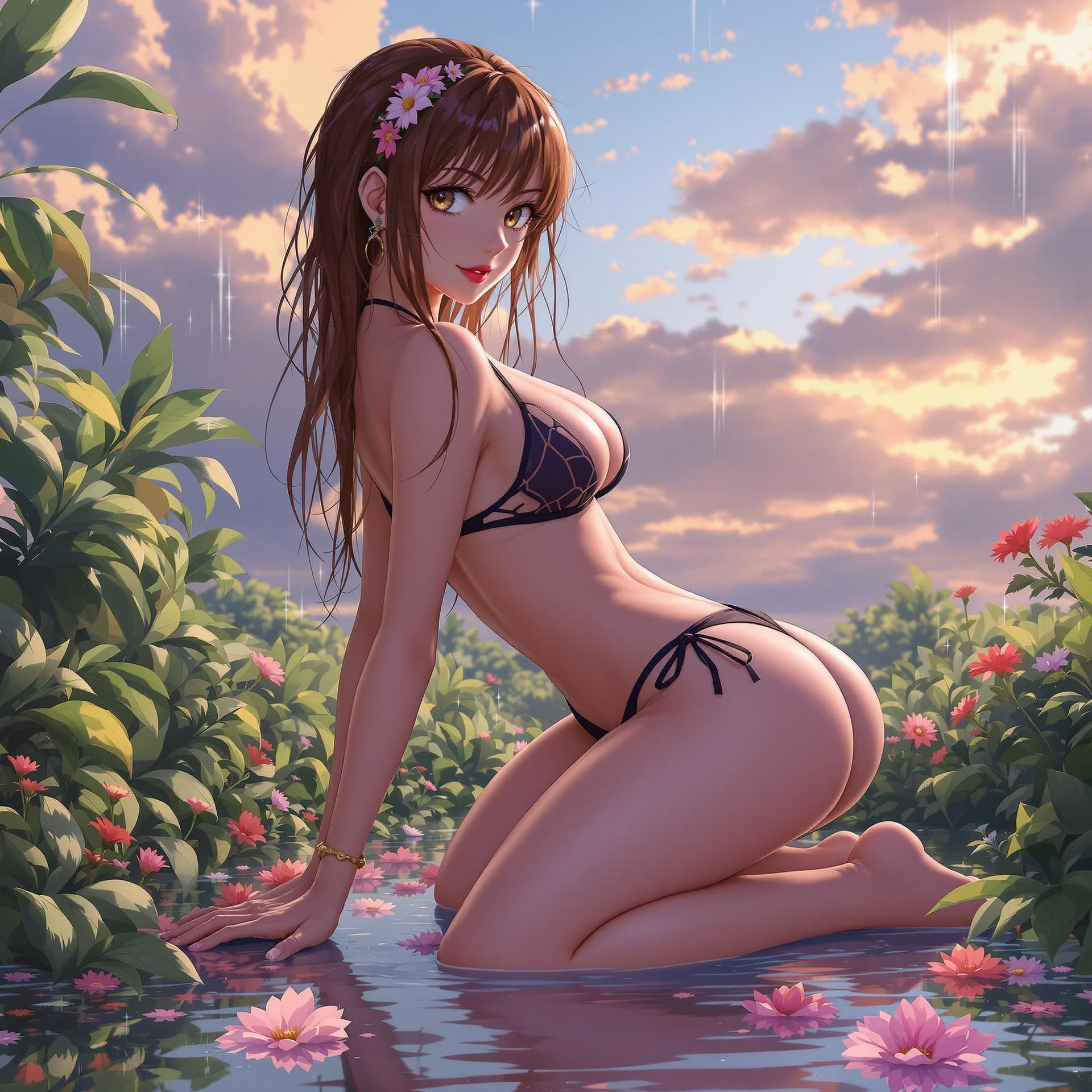 AI generated: Alya, bikini, anime, seductive, aroused, bikini, wet, big boobs, round bum, picking a flower off the...
