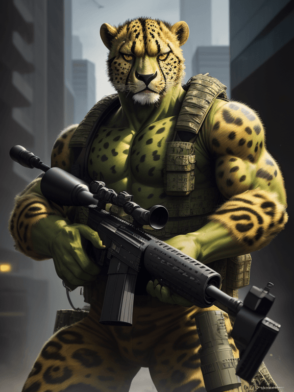 AI generated: Clever Hulk cheetah wearing camouflage and sniper gear, holding a sniper rifle, anthropomorphic, sup...