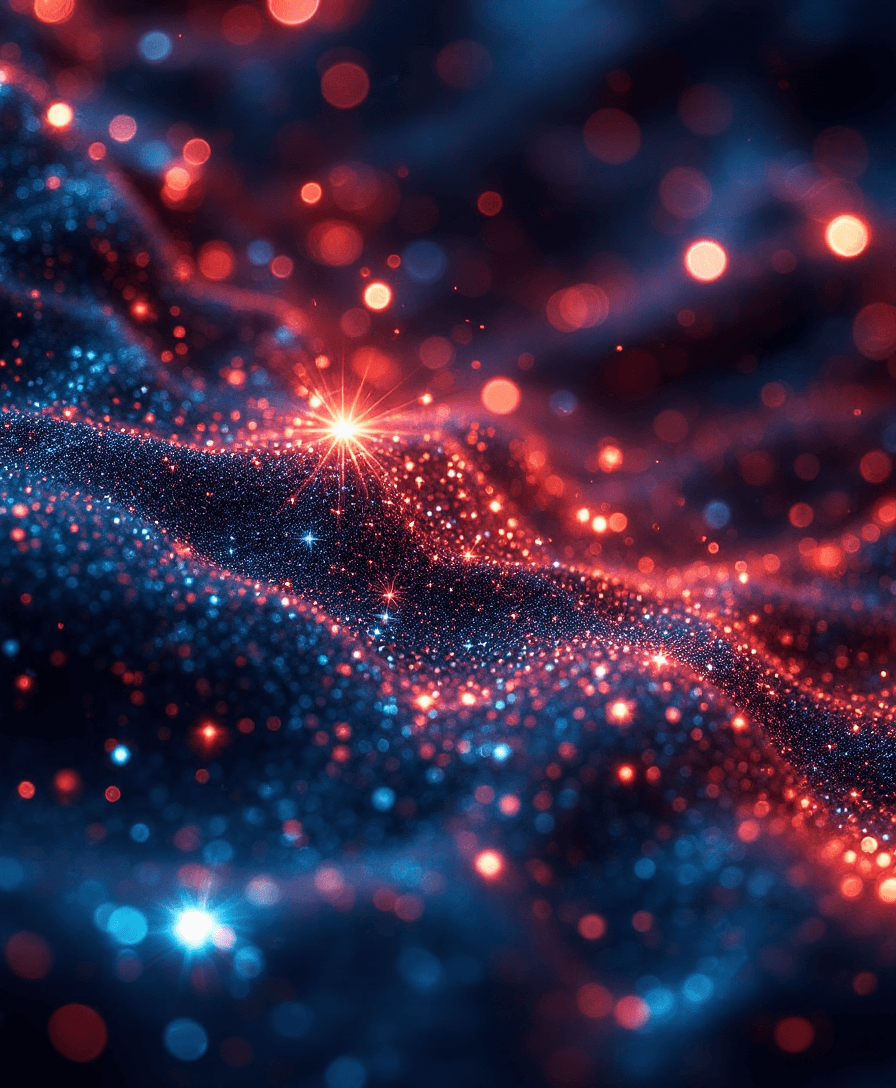 AI generated: Abstract glittering texture with red, blue, and orange sparks. Fantasy fractal design. Digital art. ...