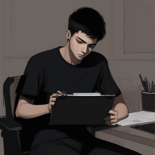 AI generated: young man, siting at computer in room, sketch style, 4 meters, dark colors