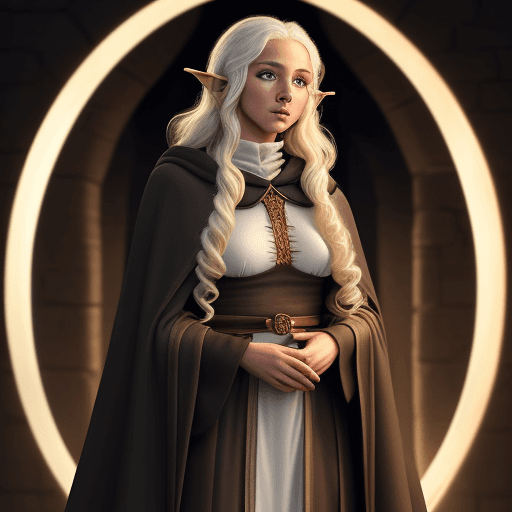 AI generated: A White curly hair elf, woman spy, with tan skin, wearing a cloak, dark