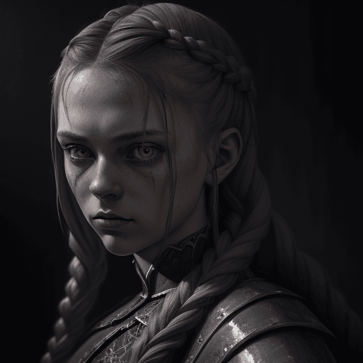 AI generated: Slavic girl knight with braids, in dynamic, atmosphere of darkness and horror, dramatic light, highl...