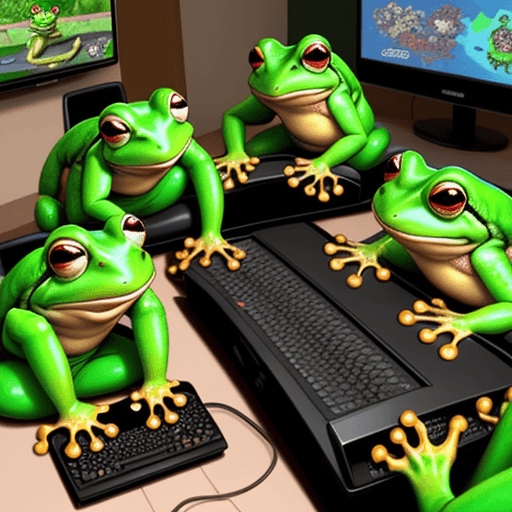 AI generated: a group of stressed out frogs watching their friend play the video game "Frogger.", art by Canadian ...