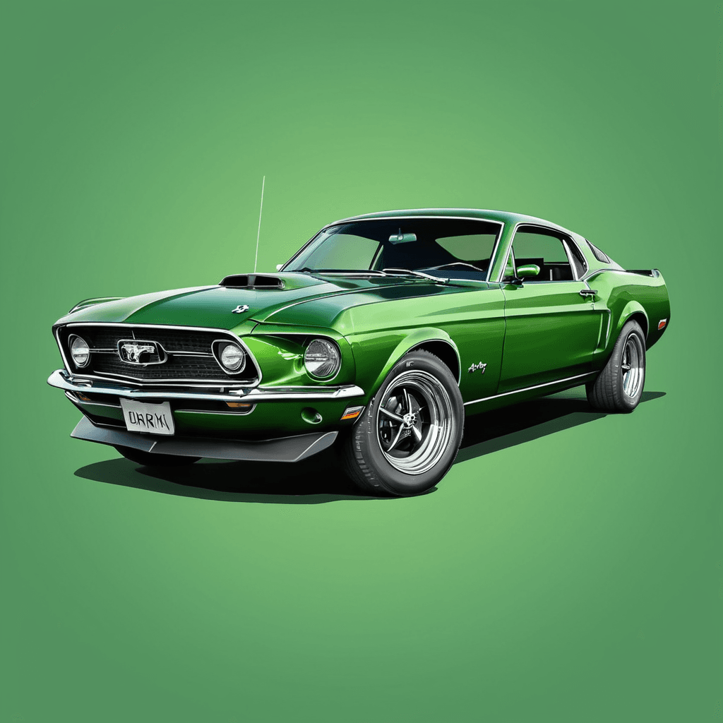 AI generated: A minimalist cel-shaded illustration style with a cartoon aesthetic , dark green mustang 1969 with l...