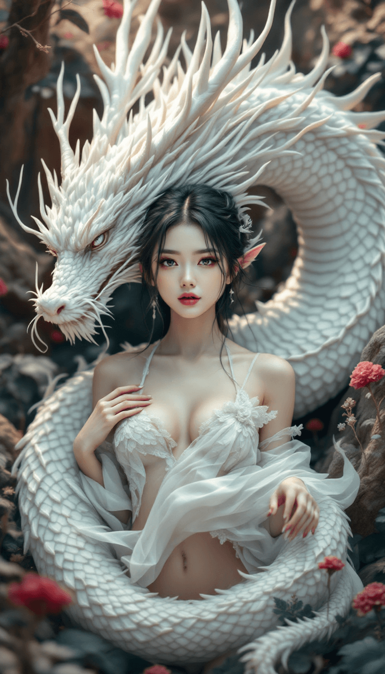 AI generated: Create a single whimsical illustration depicting the beautiful body of a white dragon, similar to a ...
