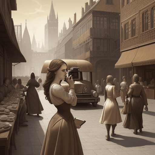 AI generated: a medieval style image on a parchment background but incorporating elements of modern life in sepia:...