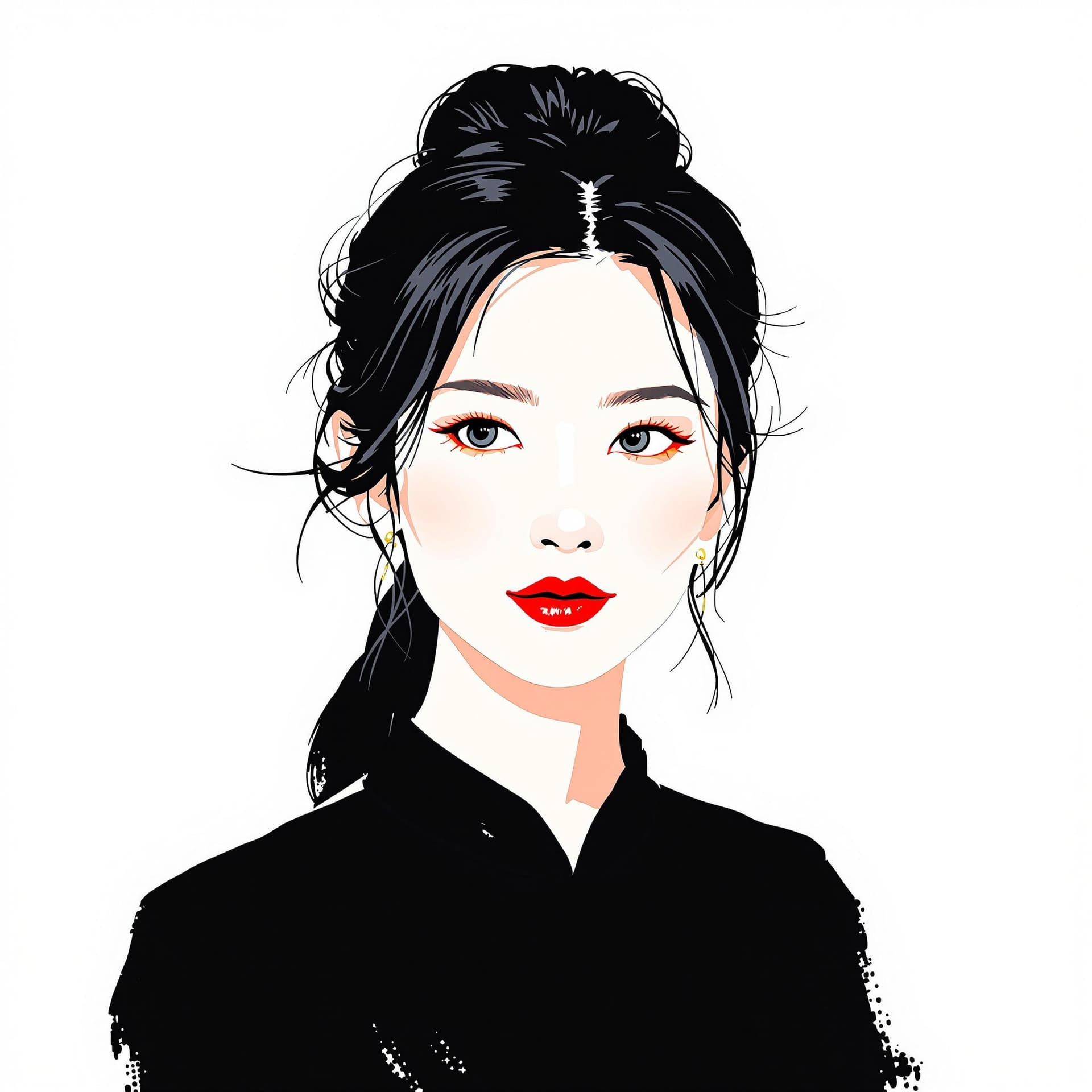 AI generated: Chinese ink style portrait of Chinese photographer Zhang Jingna, wearing a black dress and red lipst...