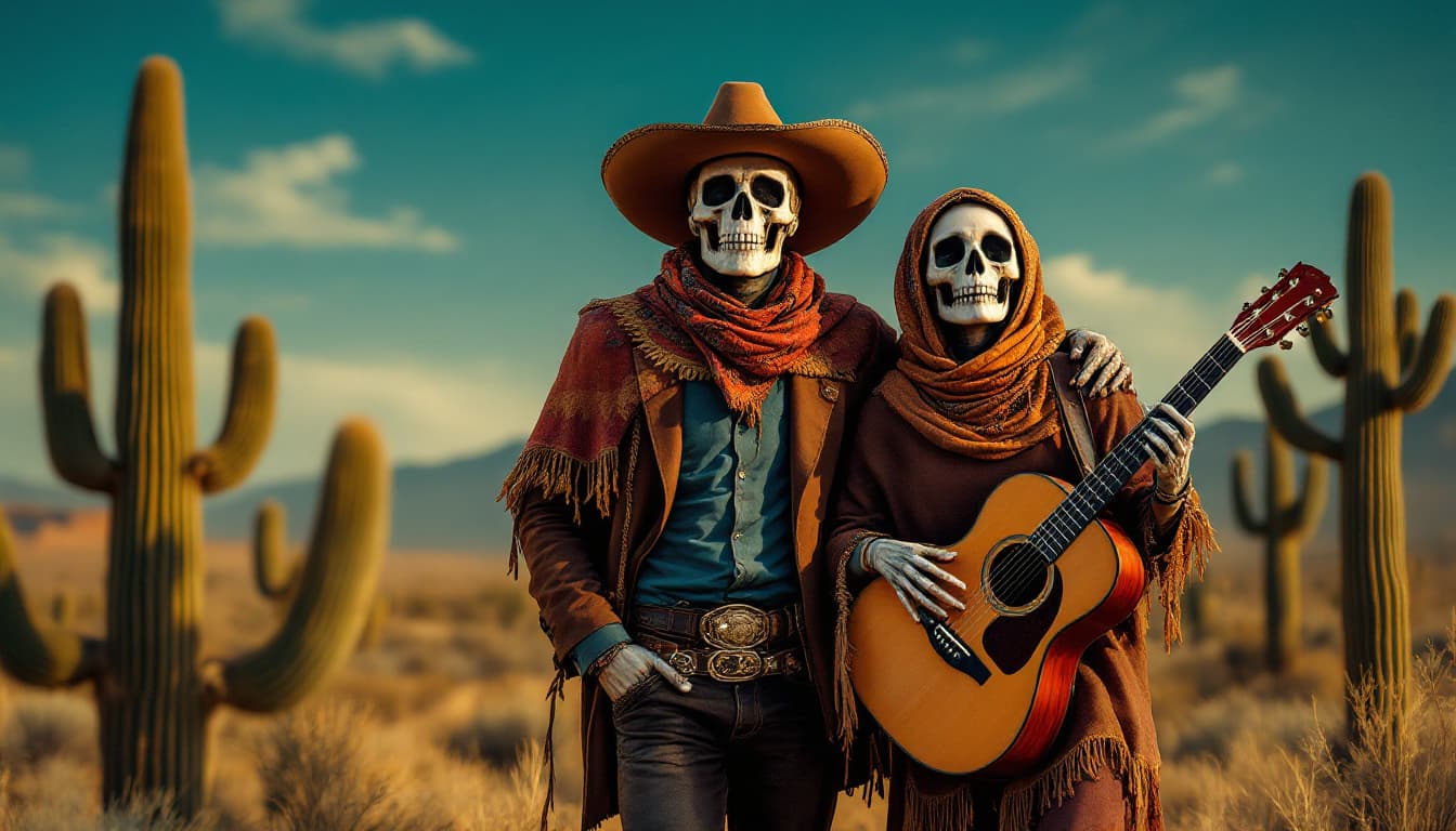 AI generated: Hola, quiero la siguiente imagen: Un hombre junto a dos calaveras con poncho. El hombre lleva pañuel...