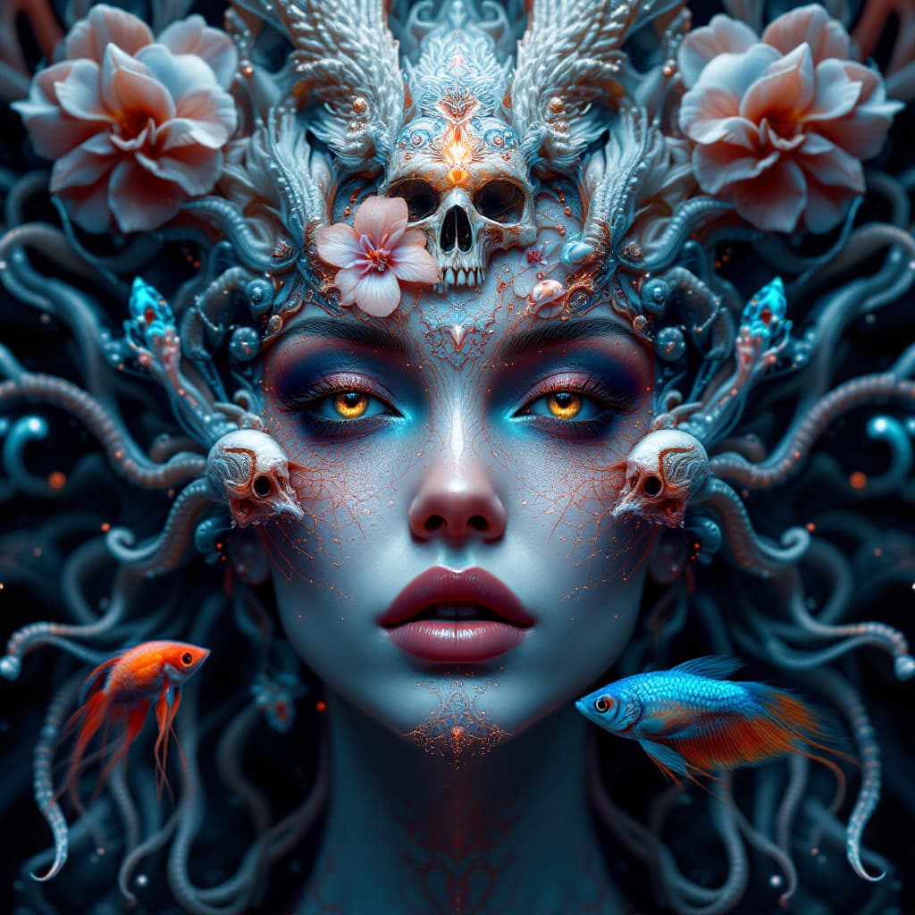 AI generated: Goddess close-up portrait ribcagel. jellyfish phoenix head, nautilus, orchid, skull, betta fish, bio...