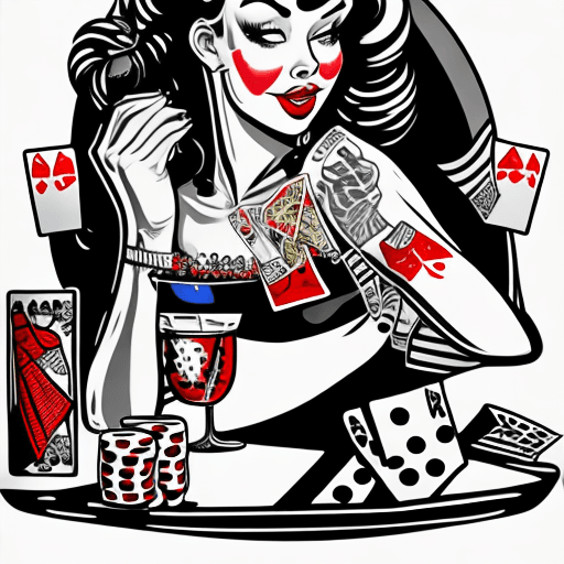 AI generated: T shirt design of pinup girl sitting in an oversized martini glass, dice , Ace and King poker cards,...