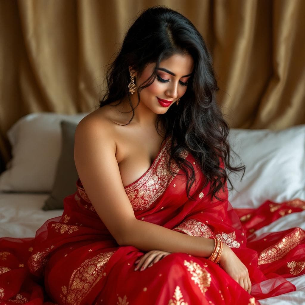AI generated: Transparent Red wet saree Indian woman, without blouse, tight, sleeping on edge on bed, curvy body, ...