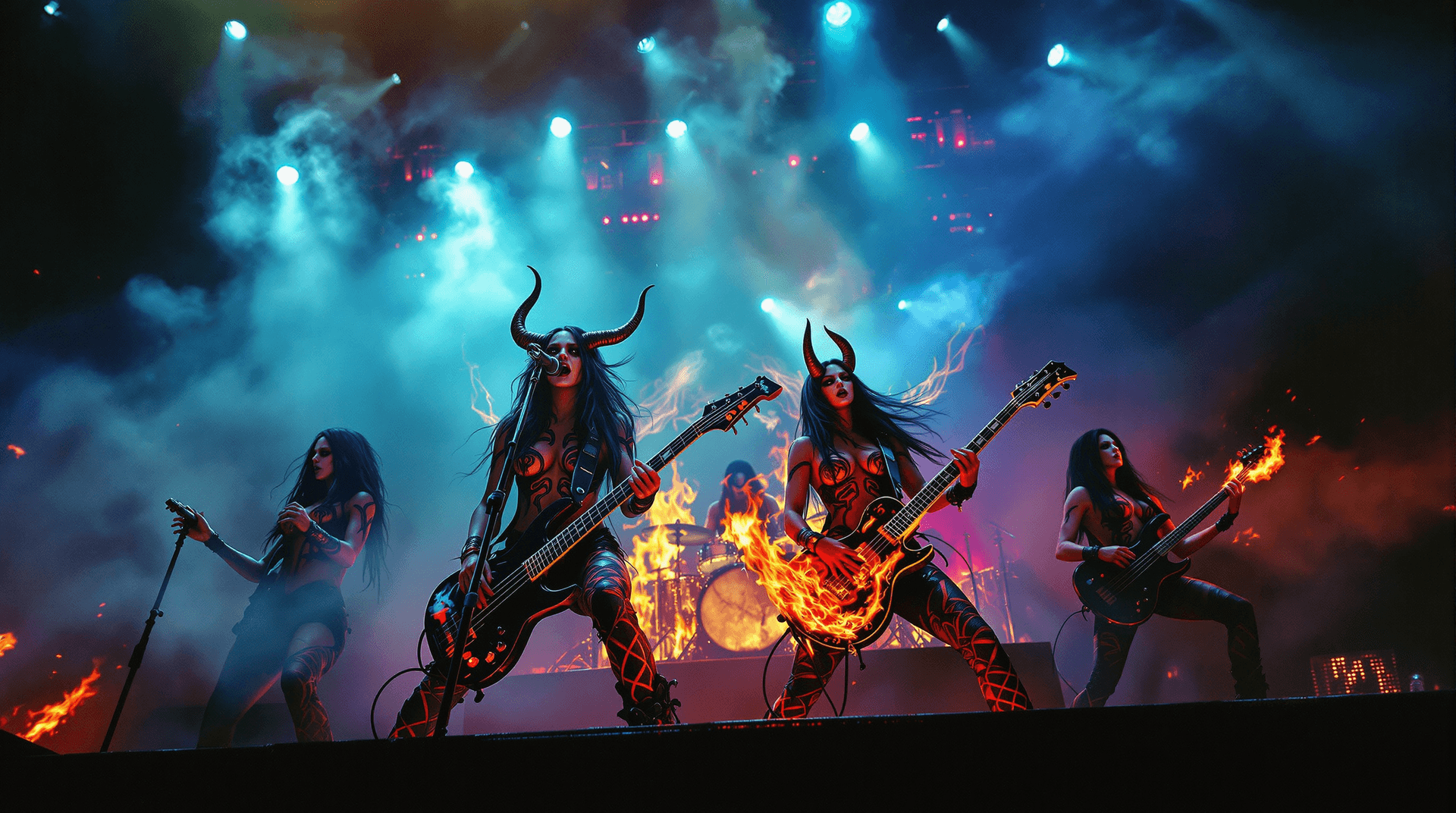 AI generated: A wide-angle concert scene, reminiscent of Beksiński's dark mysticism and Giger's biomechanical nigh...