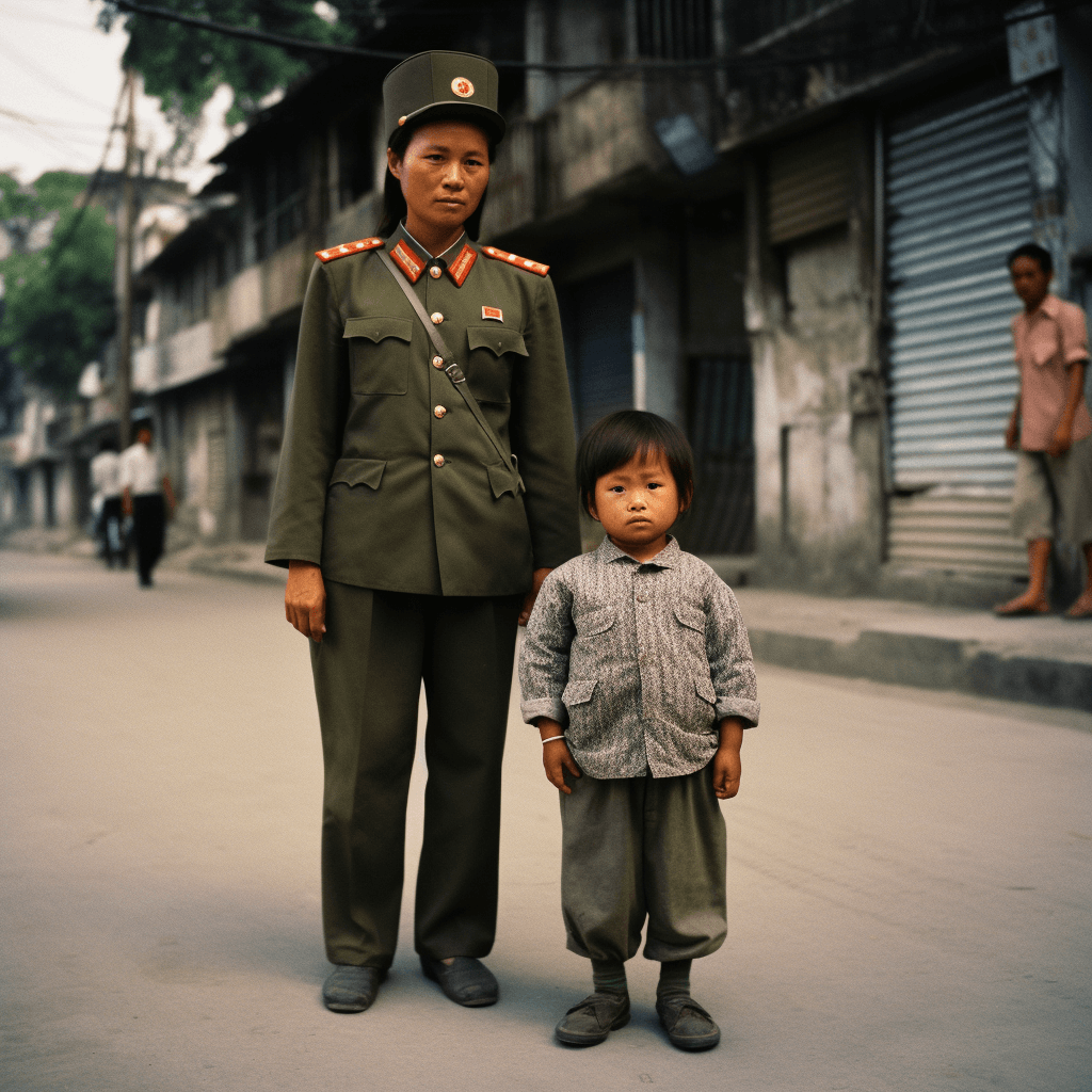 AI generated: A 5 year old Xi Xinping with a chinese-scout-uniform and a dirty face from playing with friends, nex...