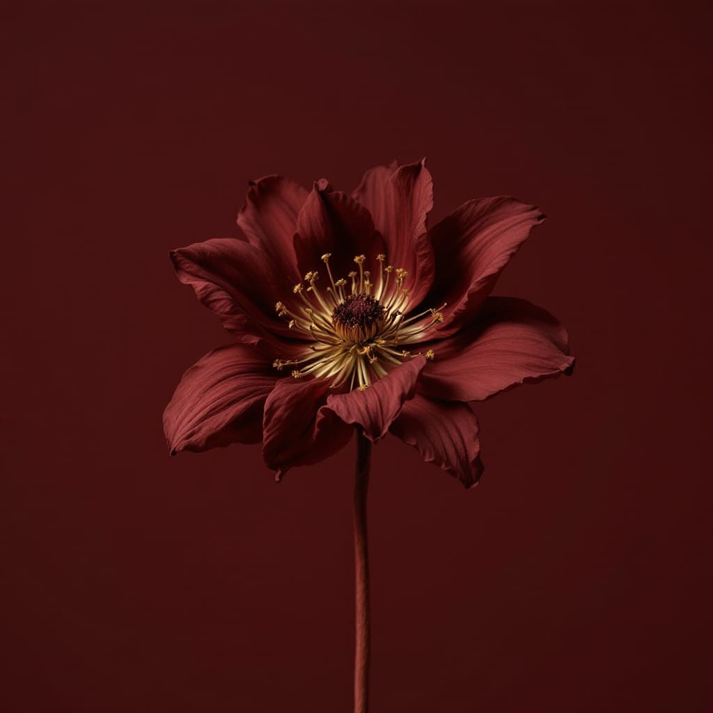 AI generated: Photograph of a withered flower, in a burgundy color palette, on a flat brown background, shot in st...