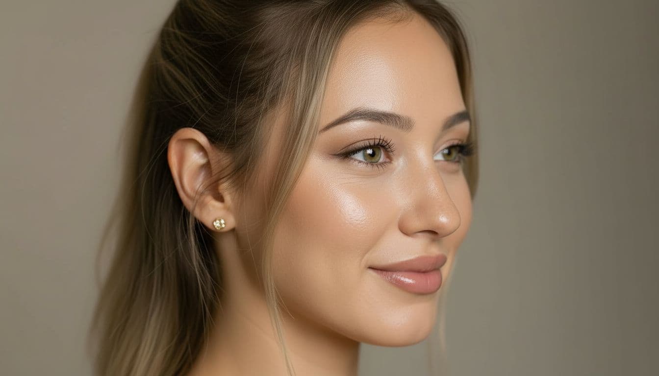 AI generated: refrenced woman,with same skin texture as model side view, slight smile, shot on a Canon A7 III --no...