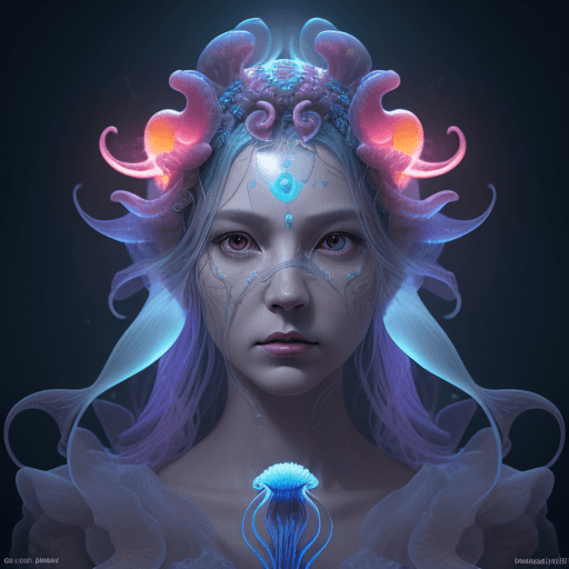 AI generated: Goddess close-up portrait ribcagel. jellyfish phoenix head, nautilus, orchid, skull, betta fish, bio...
