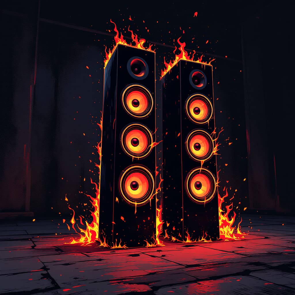 AI generated: REALISTIC CARTOON multiple tall music speakers with 3 woofers on all sides ALL BACK TO BACK, WOOFERS...