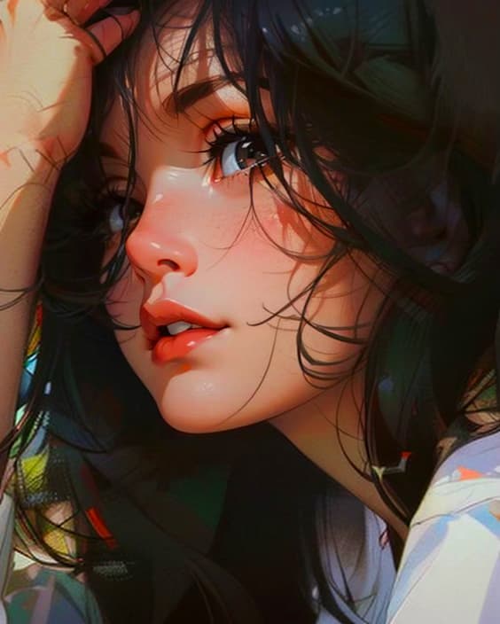 AI generated: Close-up photo of a worried girl, with messy hair, hands on forehead, looking far, vibrant colors, d...