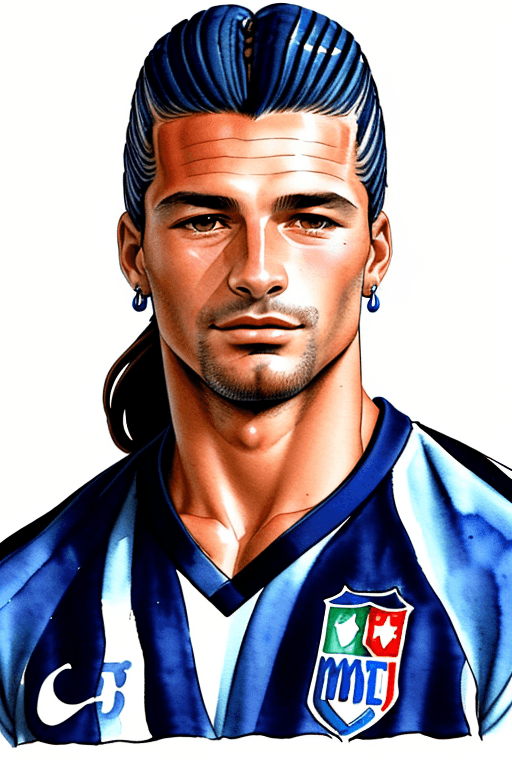 AI generated: Illustration, ink color, gouache watercolor, solo, portrait of a young handsome Italian football sta...