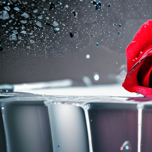 AI generated: close-up photo of a beautiful red rose breaking through a cube made of ice , splintered cracked ice ...