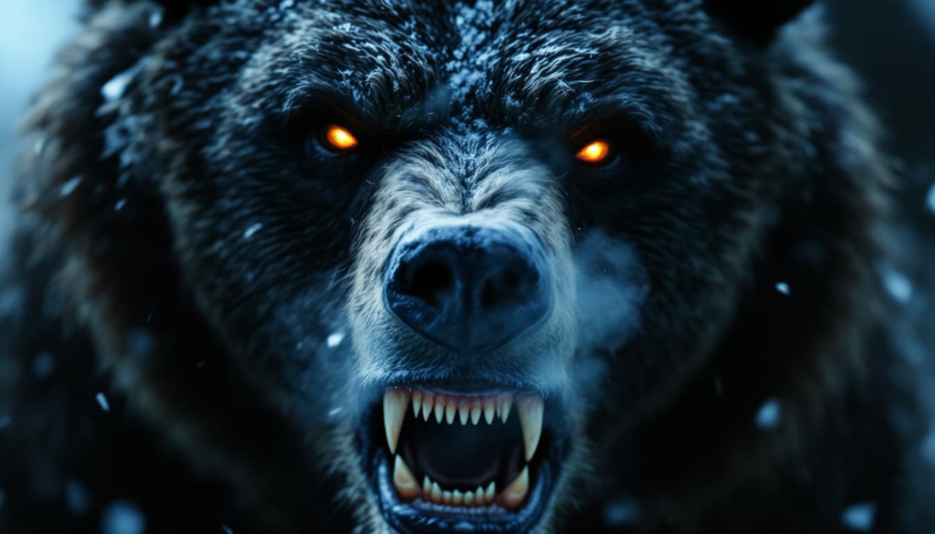 AI generated: The camera zooms in on the bear's face, revealing its burning eyes, filled with rage and determinati...