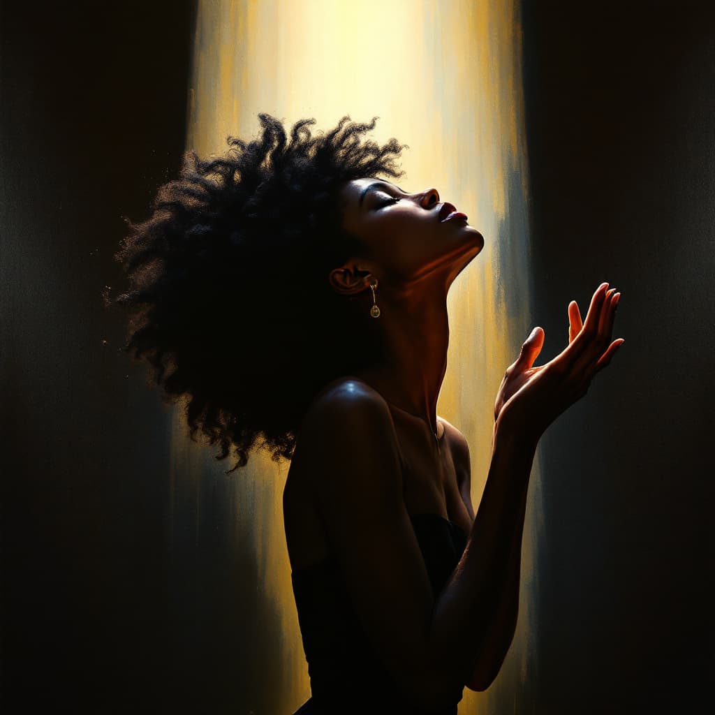 AI generated: A woman on afro hair, hands raised in veneration to the creator, head raised and bent slightly towar...