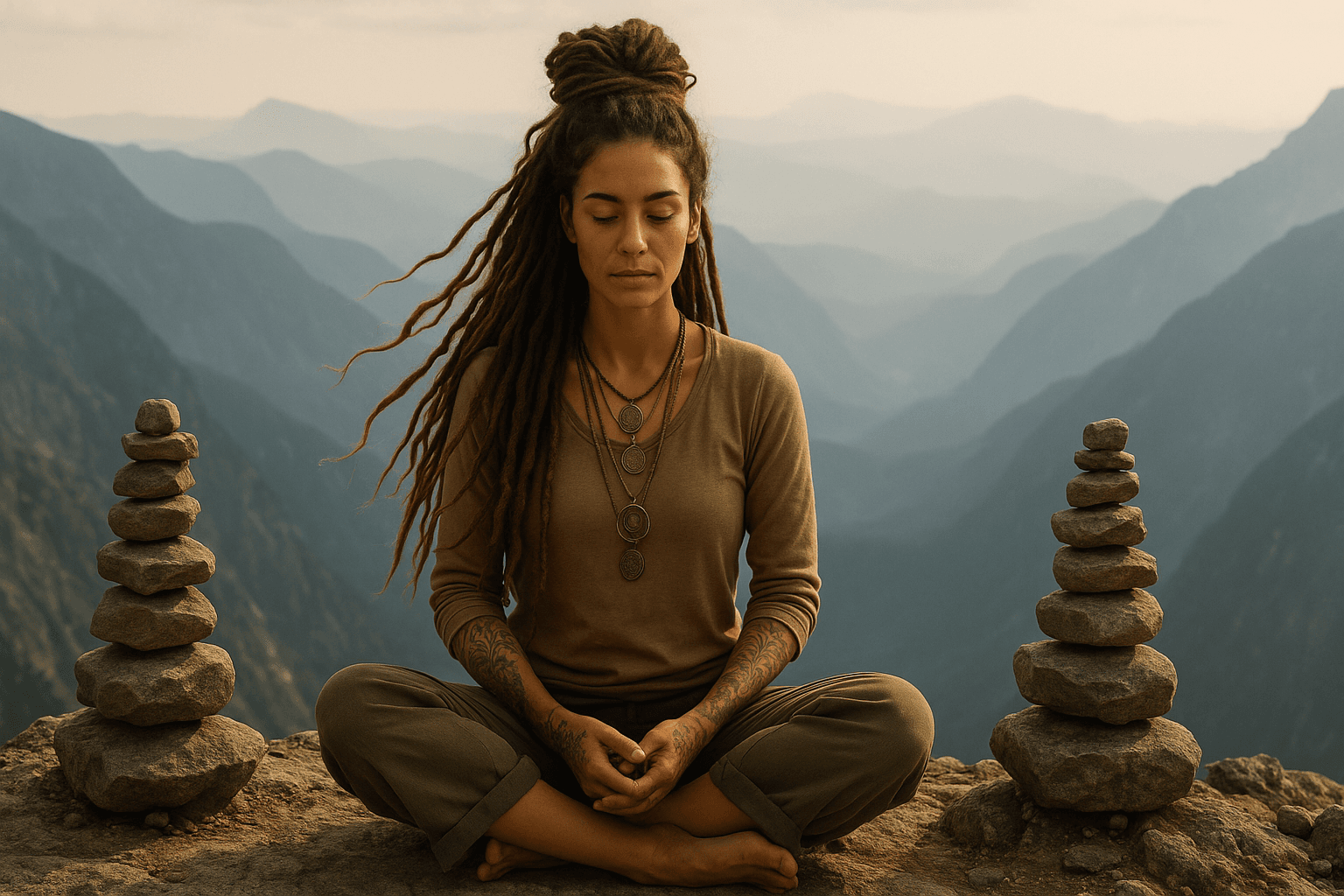 AI generated: A women with long, flowing brown dreadlocks styled in a high bun sits in a cross-legged meditative p...
