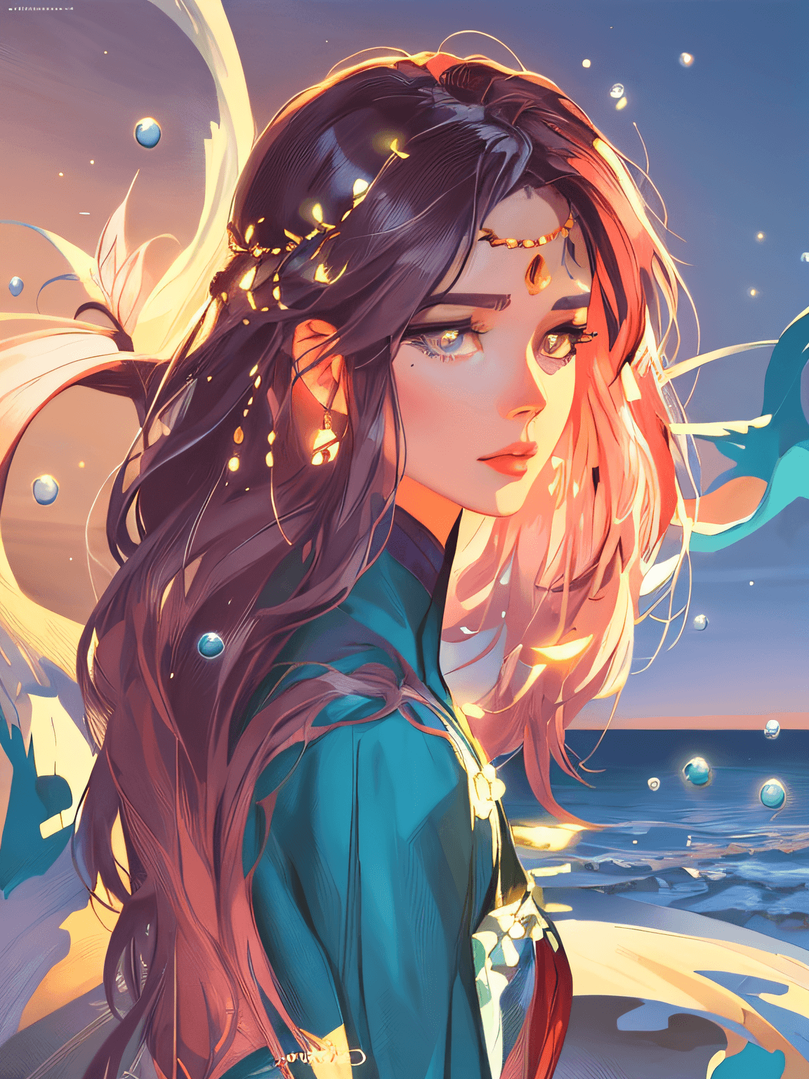 AI generated: anime girl with long hair and blue dress standing on the beach, beautiful digital illustration, a be...