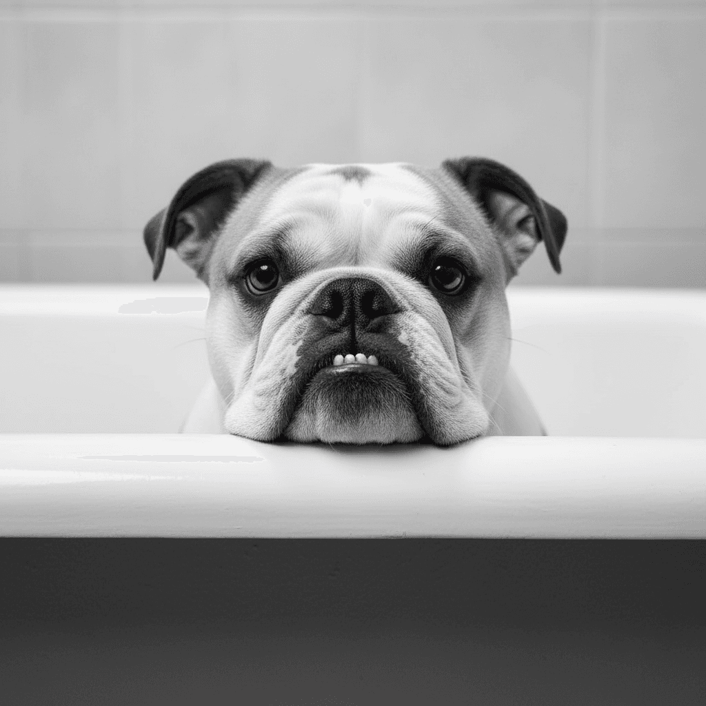 AI generated: Generate me an HD ULTRA 8k Black and white headshot photograph of a female english bulldog that is t...